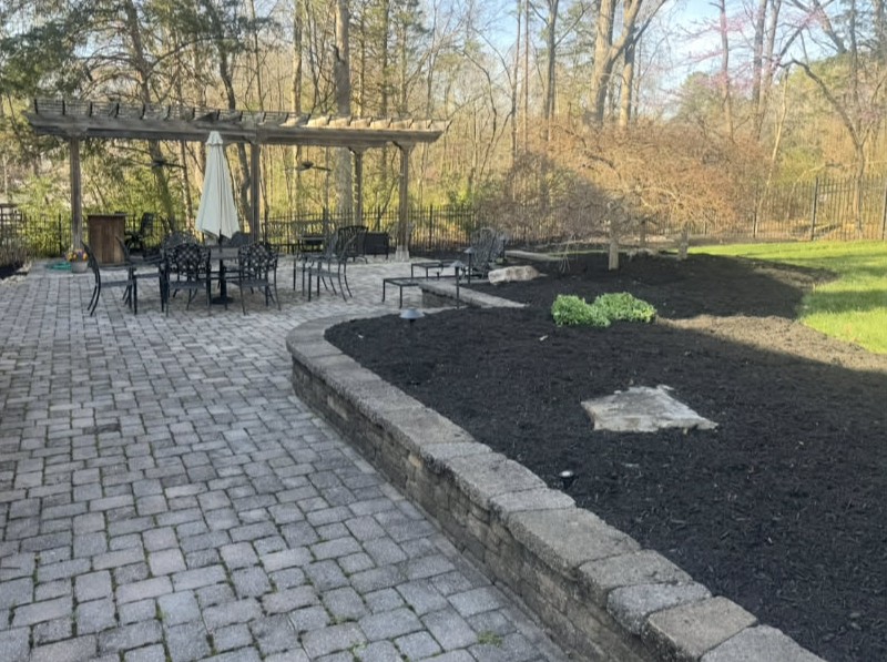 Fresh dark mulch spread around garden beds and trees